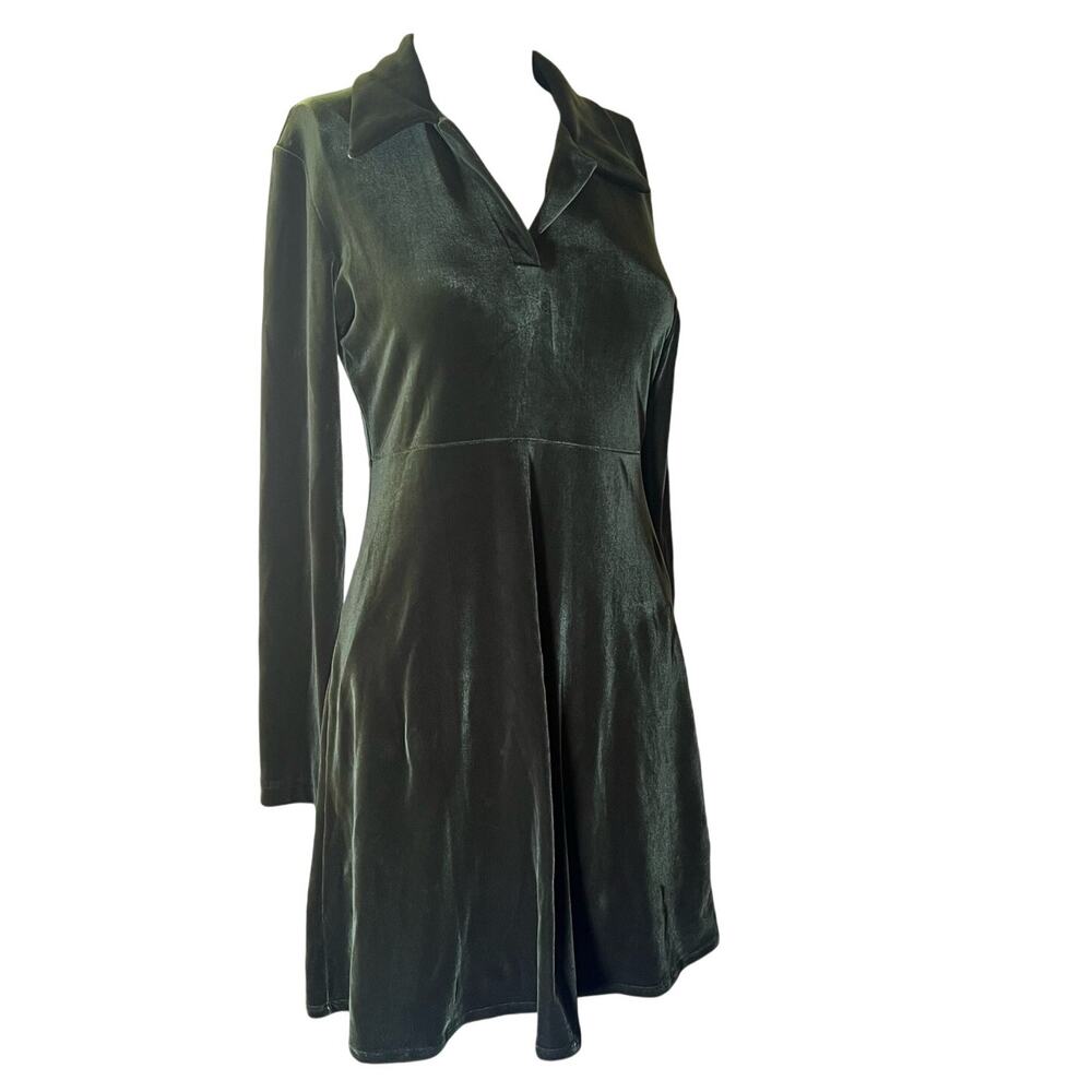 BCBG Maxazria Green Velvet Velour Collared Long Sleeve A-Line Mini Dress L